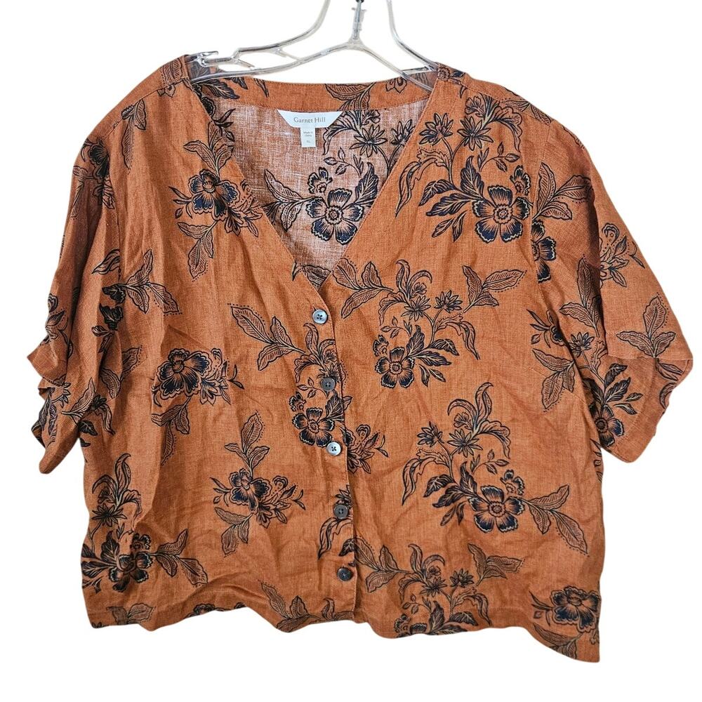 Garnet Hill Gabby Folk Floral XL Button Front European Flax Linen Rust Black